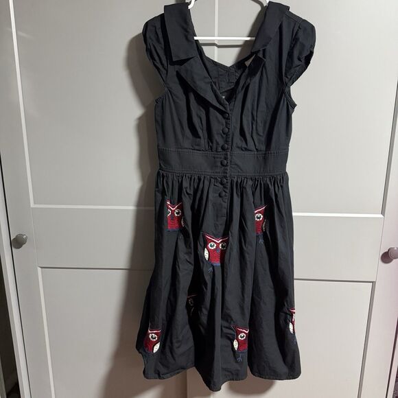 eShakti A-Line Collar Keyhole Back Button Front Novelty Owl Print Dress Black M - Picture 1 of 10